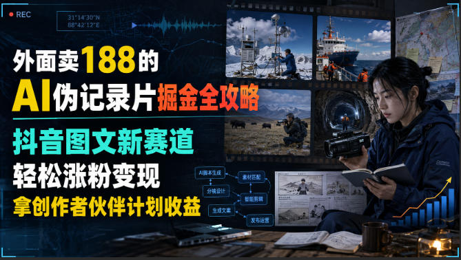 外面卖188的AI伪记录片掘金全攻略，抖音图文新赛道，轻松涨粉变现，拿创作者伙伴计划收益【文档】-摇钱树