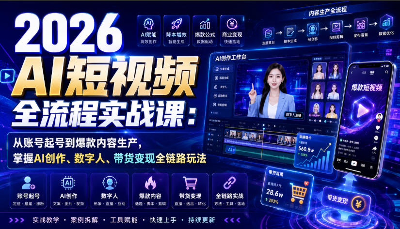 2026 AI短视频全流程实战课：从账号起号到爆款内容生产，掌握AI创作、数字人、带货变现全链路玩法-摇钱树