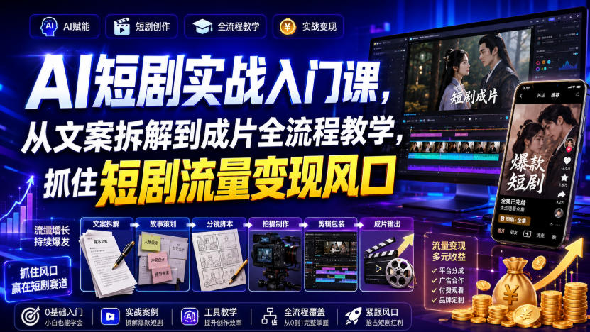 AI短剧实战入门课,从文案拆解到成片全流程教学,抓住短剧流量变现风口-摇钱树