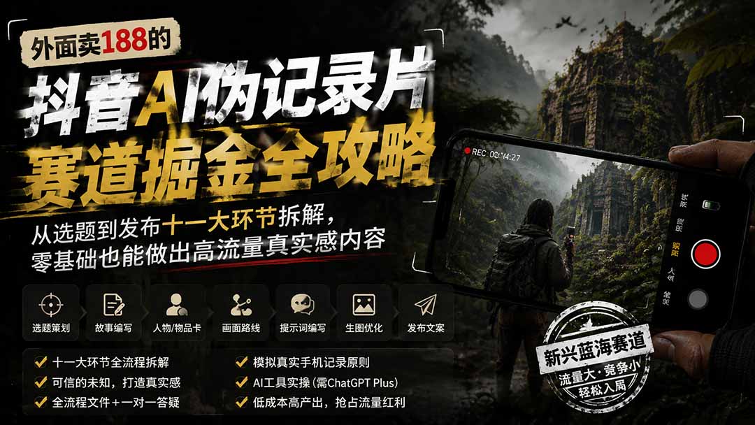 外面卖188的抖音AI伪记录片赛道掘金全攻略;从选题到发布十一大环节拆解,零基础也能做出高流量真实感内容-摇钱树