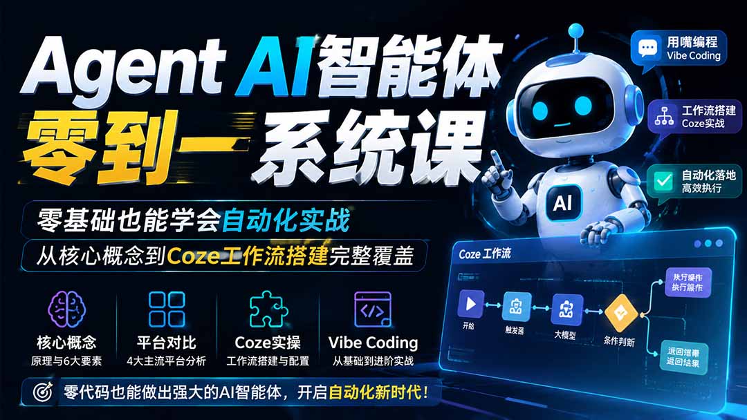 Agent AI智能体零到一系统课;零基础也能学会自动化实战,从核心概念到Coze工作流搭建完整覆盖-摇钱树
