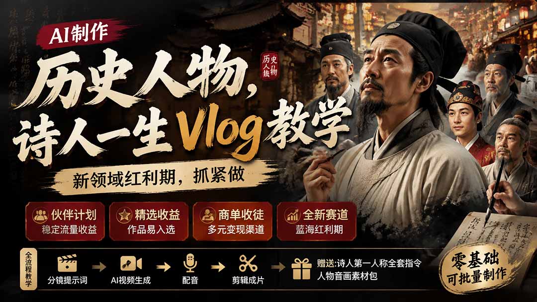 历史人物,诗人一生Vlog教学, AI制作丨伙伴计划丨精选收益丨商单收徒 ,新领域红利期,抓紧做-摇钱树