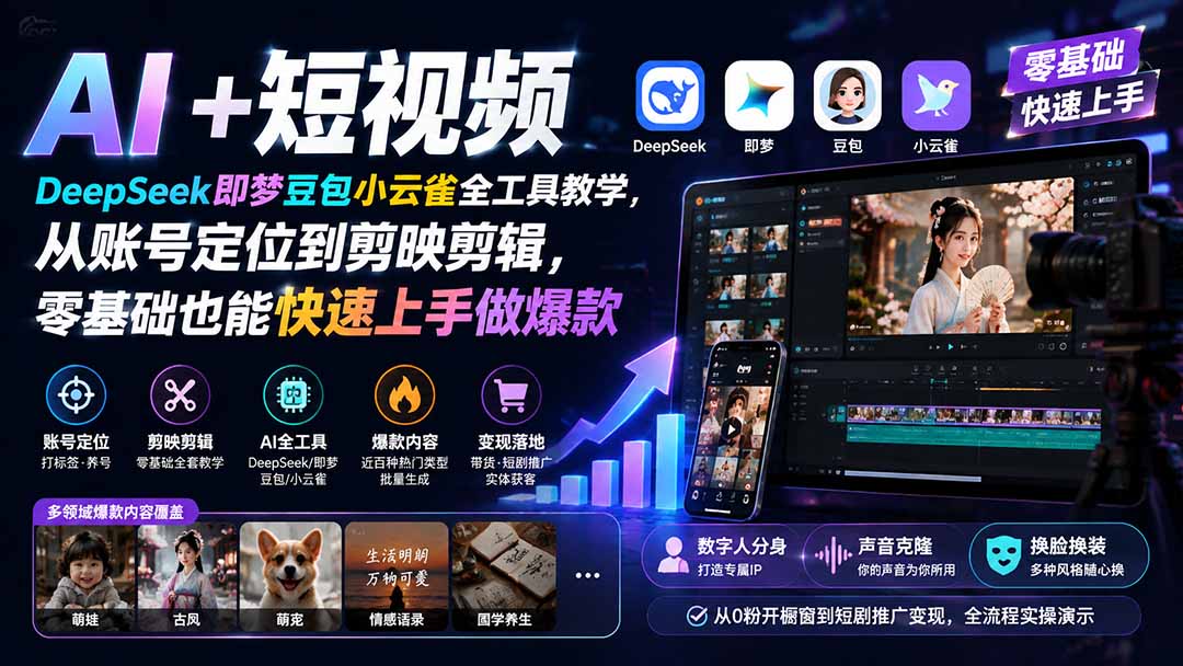 AI+短视频|DeepSeek即梦豆包小云雀全工具教学,从账号定位到剪映剪辑,零基础也能快速上手做爆款-摇钱树