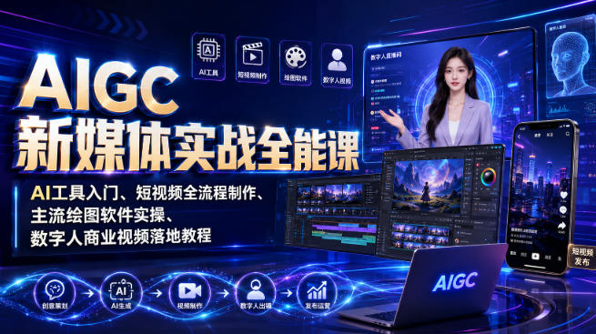 AIGC新媒体实战全能课|AI工具入门、短视频全流程制作、主流绘图软件实操、数字人商业视频落地教程-摇钱树