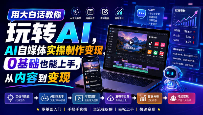 用大白话教你玩转AI,AI自媒体实操制作变现,0基础也能上手,从内容到变现-摇钱树