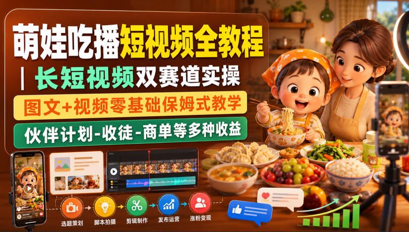 萌娃吃播短视频全教程|长短视频双赛道实操,图文+视频零基础保姆式教学,伙伴计划-收徒-商单等多种变现方式-摇钱树