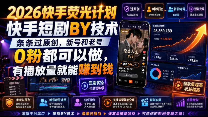 2026快手荧光计划,快手短剧搬运技术,条条过原创,新号和老号0粉都可以做,有播放量就能賺到钱-摇钱树