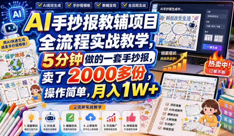 AI手抄报教辅项目全流程实战教学,5分钟做的一套手抄报,卖了2000多份,操作简单,月入1W+-摇钱树