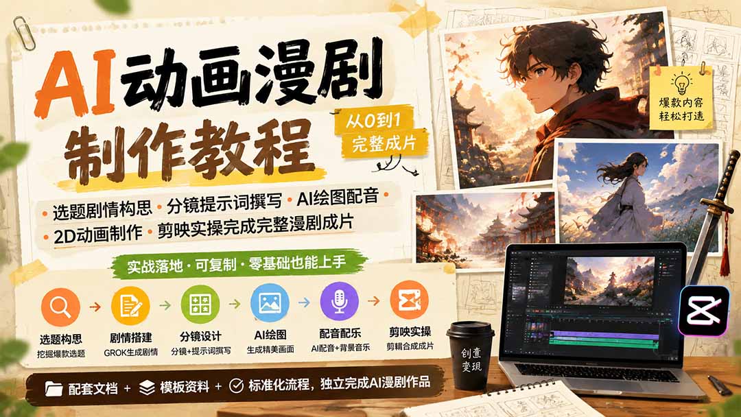 AI动画漫剧制作教程|选题剧情构思·分镜提示词撰写·AI绘图配音·2D动画制作·剪映实操完成完整漫剧成片-摇钱树