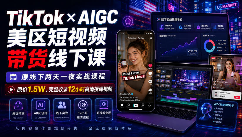 TikTok×AIGC美区短视频带货线下课，原线下两天一夜实战课程，原价1.5W，完整收录12小时高清授课视频-摇钱树
