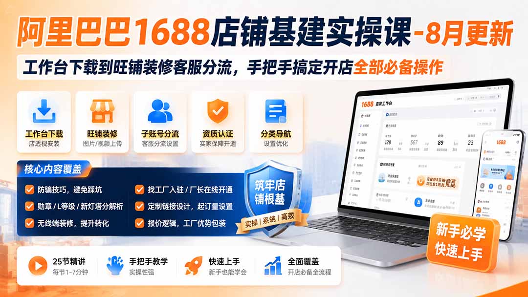 阿里巴巴1688店铺基建实操课-8月更新；工作台下载到旺铺装修客服分流，手把手搞定开店全部必备操作-摇钱树