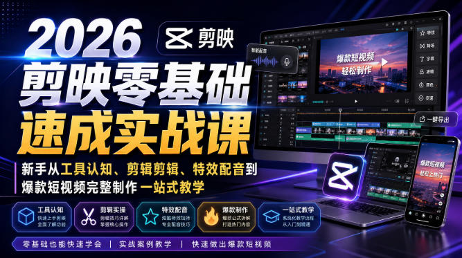 2026剪映零基础速成实战课|新手从工具认知、剪辑剪辑、特效配音到爆款短视频完整制作一站式教学-摇钱树
