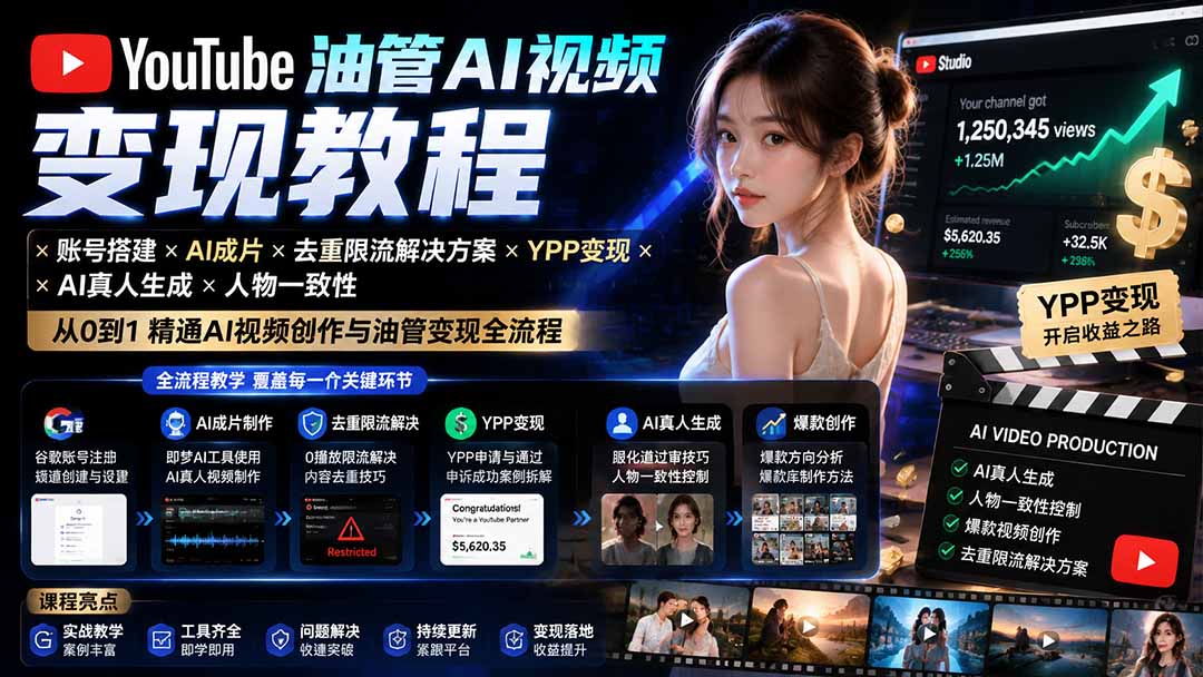 YouTube油管AI视频变现教程-更新:账号搭建×AI成片×去重限流解决方案×YPP变现×AI真人生成×人物一致性-摇钱树