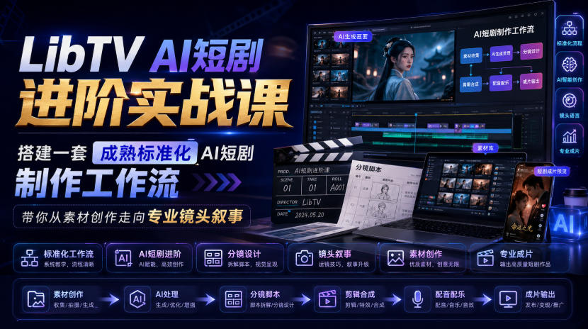 LibTV AI短剧进阶实战课,搭建一套成熟标准化AI短剧制作工作流,带你从素材创作走向专业镜头叙事-摇钱树