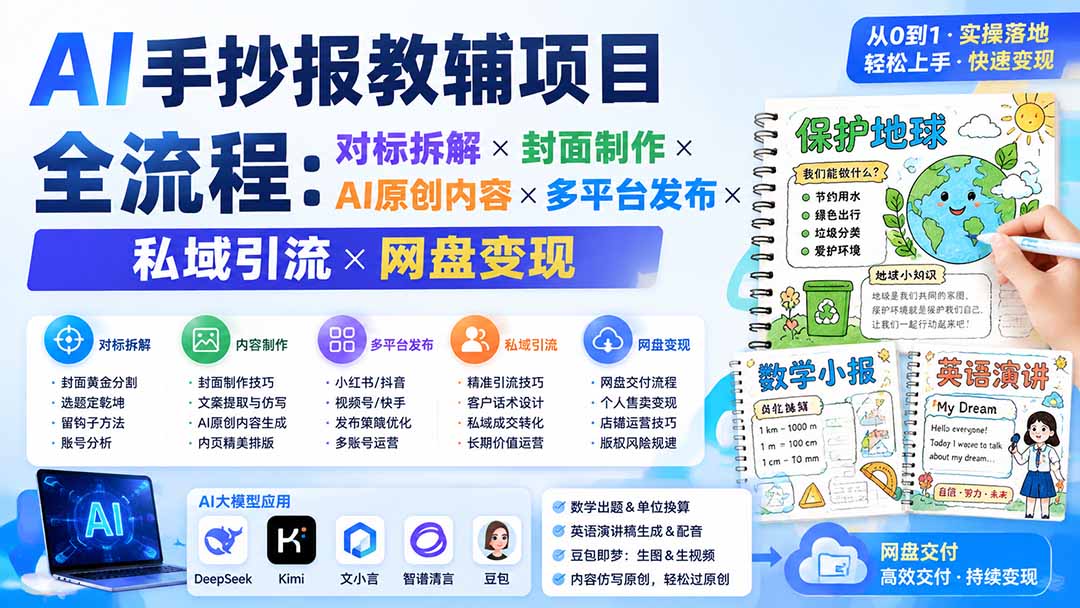 AI手抄报教辅项目全流程:对标拆解×封面制作×AI原创内容×多平台发布×私域引流×网盘变现-摇钱树