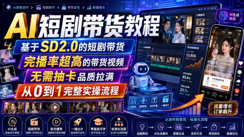 AI短剧带货教程,基于SD2.0的短剧带货,完播率超高的带货视频,无需抽卡品质拉满,从0到1完整实操流程-摇钱树