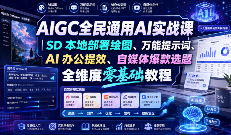 AIGC全民通用AI实战课|SD本地部署绘图、万能提示词、AI办公提效、自媒体爆款选题全维度零基础教程-摇钱树
