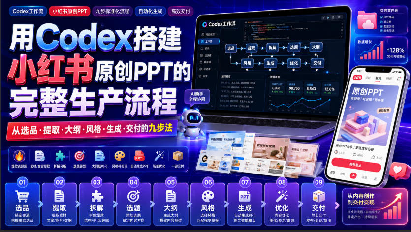 用Codex搭建小红书原创PPT的完整生产流程,从选品·提取·大纲·风格·生成·交付的九步法-摇钱树