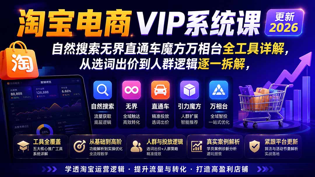 淘宝电商VIP系统课-更新8月;自然搜索无界直通车魔方万相台全工具详解,从选词出价到人群逻辑逐一拆解-摇钱树