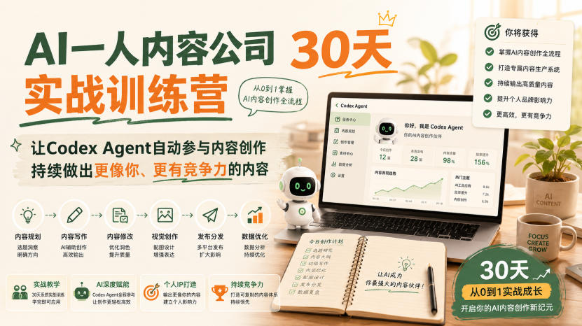 AI一人内容公司30天实战训练营,让Codex Agent自动参与内容创作持续做出更像你、更有竞争力的内容-摇钱树