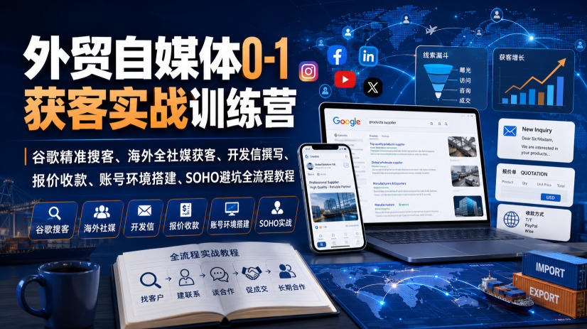 外贸自媒体0-1获客实战训练营|谷歌精准搜客、海外全社媒获客、开发信撰写、报价收款、账号环境搭建、SOHO避坑全流程教程-摇钱树