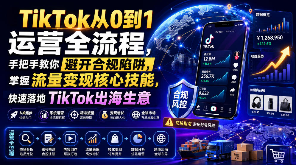 TikTok从0到1运营全流程,手把手教你避开合规陷阱,掌握流量变现核心技能,快速落地TikTok出海生意(更新8月)-摇钱树