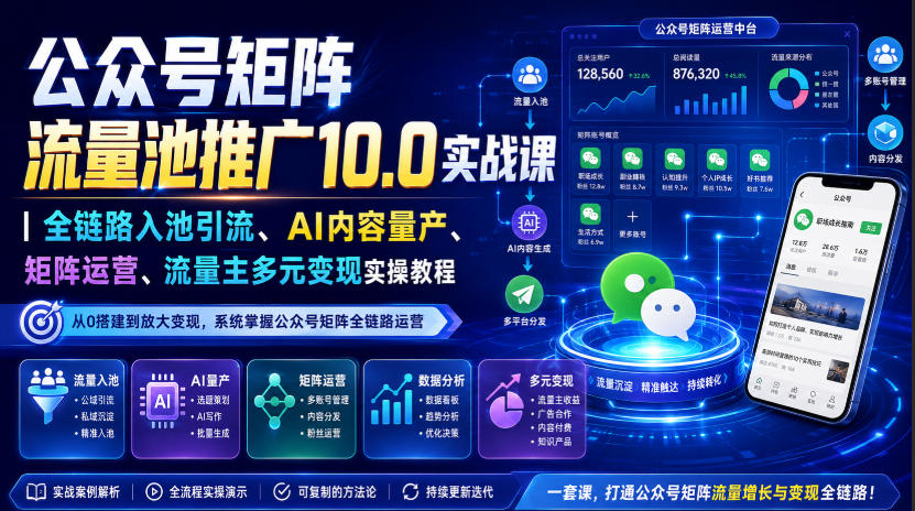 公众号矩阵流量池推广10.0实战课｜全链路入池引流、AI内容量产、矩阵运营、流量主多元变现实操教程-摇钱树