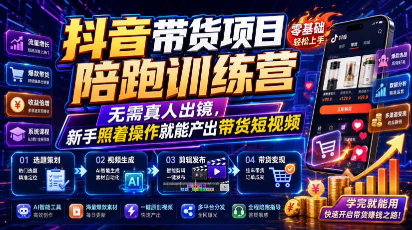 抖音带货项目陪跑训练营,无需真人出镜,新手照着操作就能产出带货短视频(更新0811)-摇钱树
