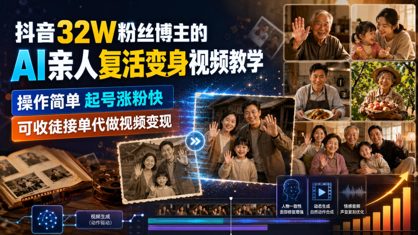 抖音32W粉丝博主的AI亲人复活变身视频教学,操作简单,起号涨粉快,可收徒接单代做视频变现-摇钱树