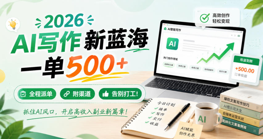 2026 AI写作新蓝海，一单500+，全程派单，附渠道，告别打工！【揭秘】-好学创业资源