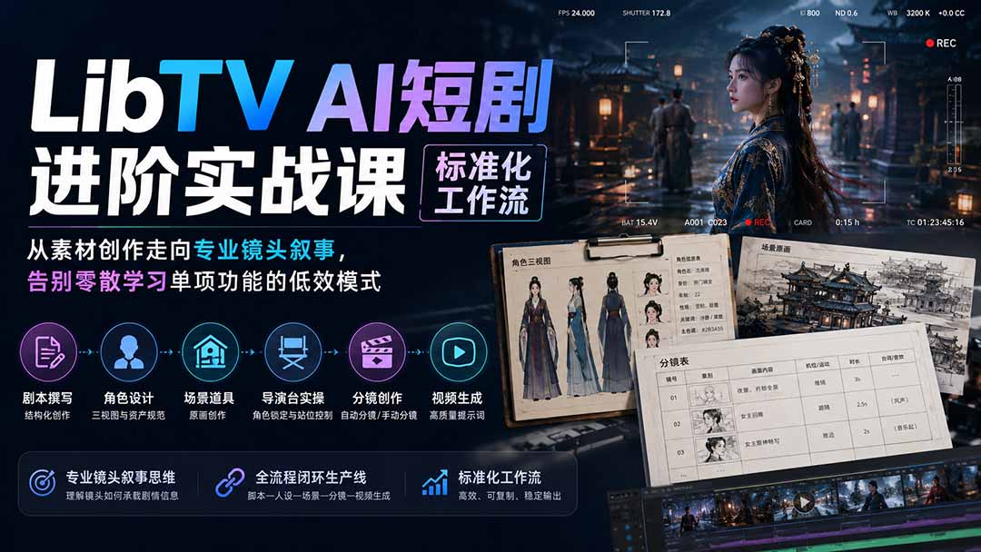 LibTV AI短剧进阶实操课标准化工作流；从素材创作走向专业镜头叙事，告别零散学习单项功能的低效模式-超级个体网赚