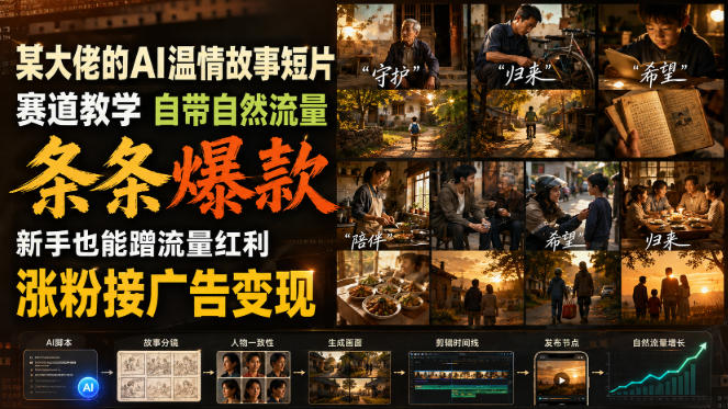 某大佬的AI温情故事短片赛道教学，自带自然流量，条条爆款，新手也能蹭流量红利，涨粉接广告变现-摇钱树