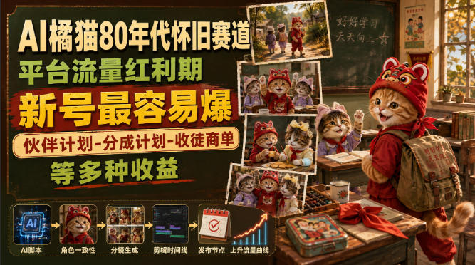 AI橘猫80年代怀旧赛道,平台流量红利期,新号最容易爆,伙伴计划-分成计划-收徒商单等多种收益-摇钱树