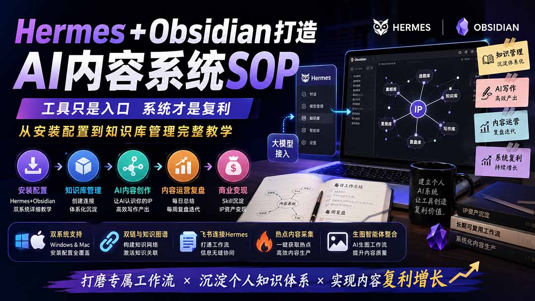 Hermes+Obsidian打造AI内容系统SOP；工具只是入口系统才是复利，从安装配置到知识库管理完整教学-摇钱树