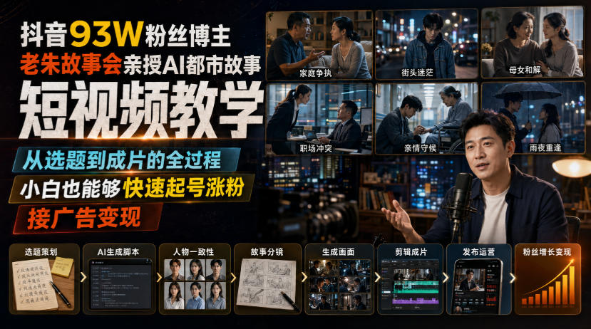抖音93W粉丝博主老朱故事会亲授AI都市故事短视频教学,从选题到成片的全过程,小白也能够快速起号涨粉接广告变现-摇钱树