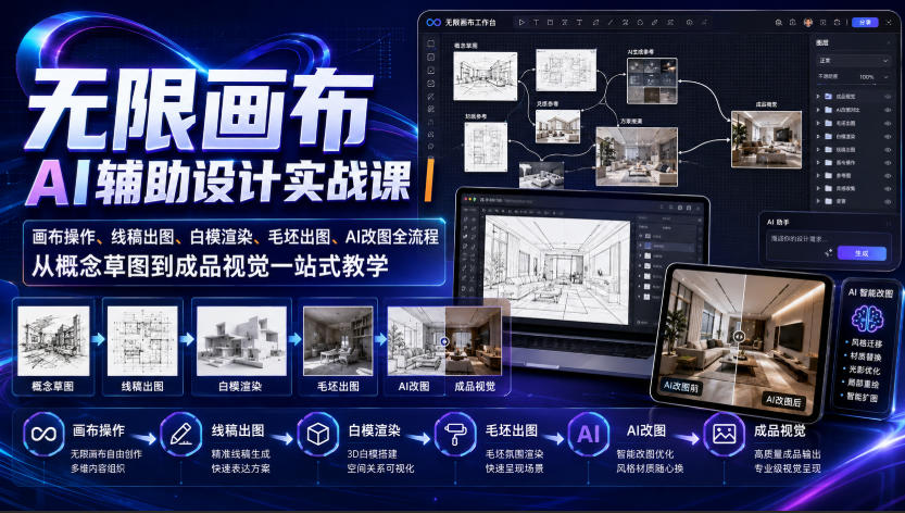 无限画布AI辅助设计实战课|画布操作、线稿出图、白模渲染、毛坯出图、AI改图全流程,从概念草图到成品视觉一站式教学-摇钱树
