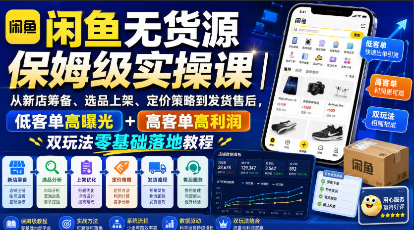 闲鱼无货源保姆级实操课｜从新店筹备、选品上架、定价策略到发货售后，低客单高曝光+高客单高利润双玩法零基础落地教程-摇钱树