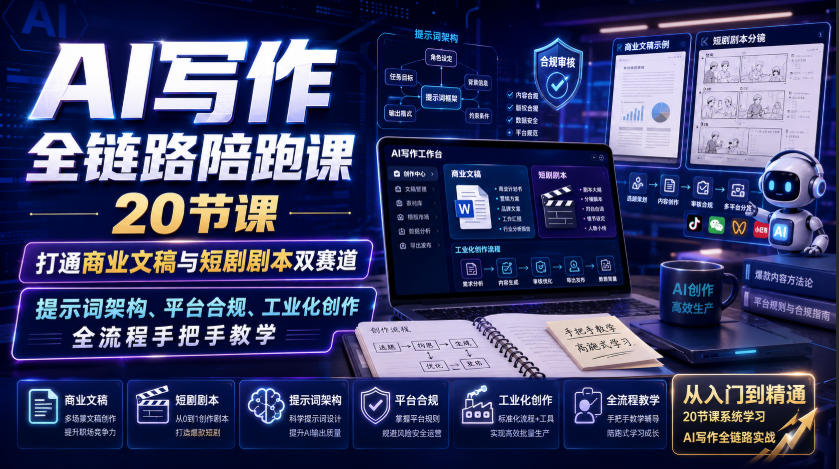 AI写作全链路陪跑课|20节课打通商业文稿与短剧剧本双赛道,提示词架构、平台合规、工业化创作全流程手把手教学-摇钱树