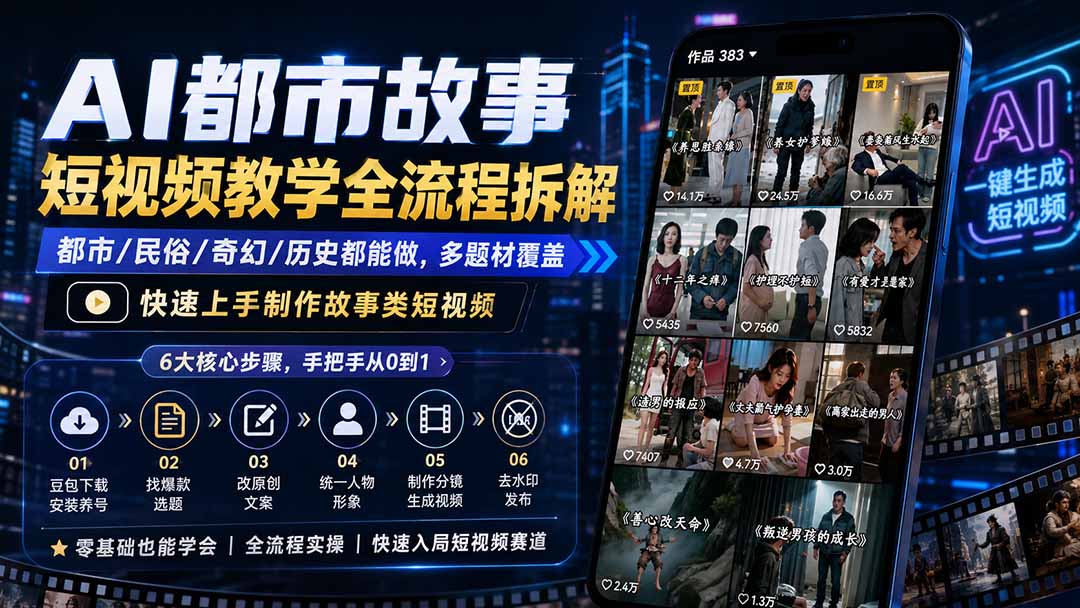 AI都市故事短视频教学全流程拆解;都市/民俗/奇幻/历史都能做多题材覆盖,快速上手制作故事类短视频-好学创业资源