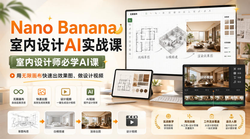 Nano Banana室内设计AI实战课,室内设计师必学AI课,用无限画布快速出效果图、做设计视频-摇钱树