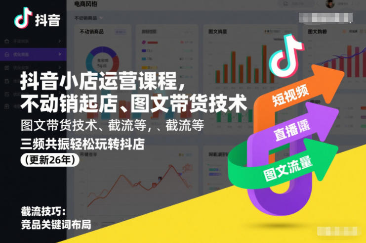 抖音小店运营课程,不动销起店、图文带货技术、截流等,三频共振轻松玩转抖店(更新260815)