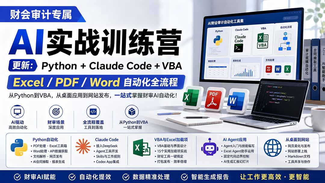 财会审计专属 AI实战训练营:Python+Claude Code+VBA,Excel/PDF/Word自动化全流程 (更新-摇钱树