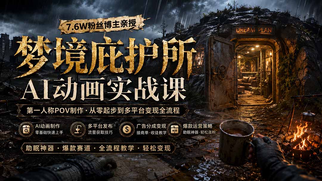 梦境庇护所AI动画实战课：7.6W粉丝博主亲授第一人称POV制作，从零起步到多平台发布变现全流程-摇钱树
