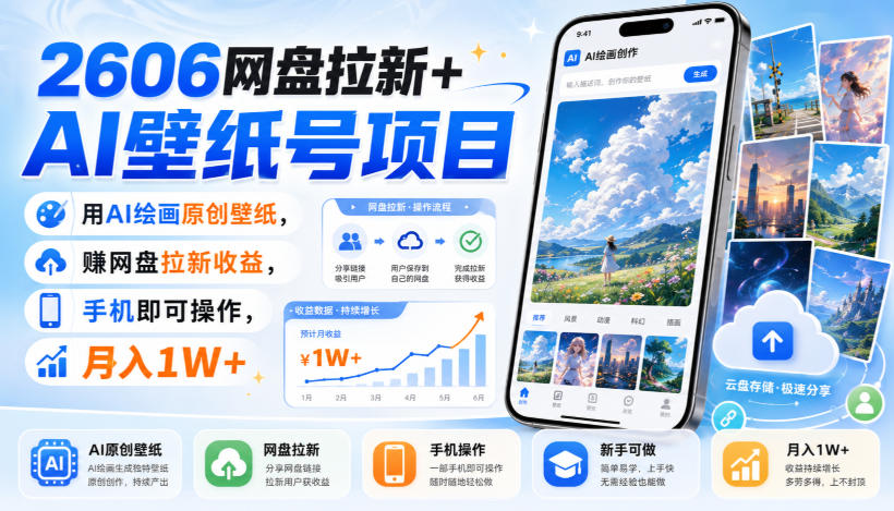 2606网盘拉新+AI壁纸号项目，用AI绘画原创壁纸，賺网盘拉新收益，手机即可操作，月入1W+-摇钱树