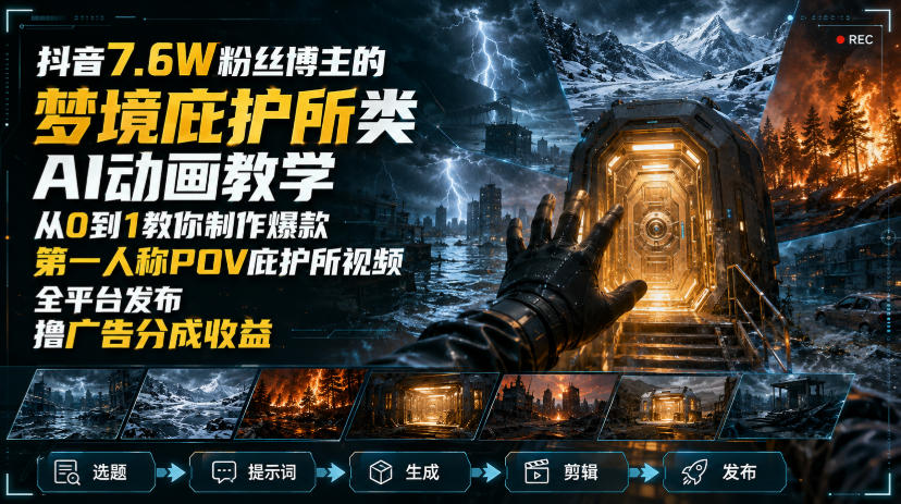 抖音7.6W粉丝博主的梦境庇护所类AI动画教学,从0到1教你制作爆款第一人称POV庇护所视频,全平台发布撸广告分成收益-超级个体网赚