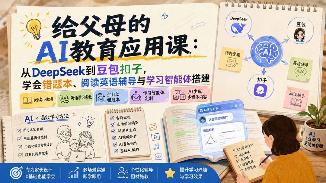 给父母的AI教育应用课：从DeepSeek到豆包扣子，学会错题本、阅读英语辅导与学习智能体搭建-摇钱树