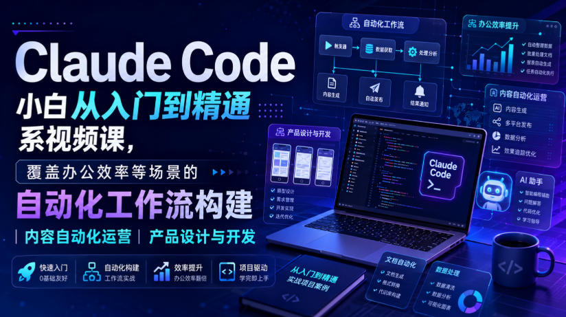 Claude Code小白从入门到精通系视频课，覆盖办公效率等场景的自动化工作流构建|内容自动化运营|产品设计与开发-好学创业资源