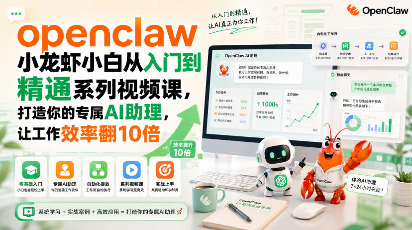 openclaw小龙虾小白从入门到精通系列视频课，打造你的专属AI助理，让工作效率翻10倍-摇钱树