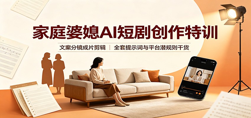 家庭婆媳AI短剧创作特训:文案分镜成片剪辑,全套提示词与平台潜规则干货-摇钱树