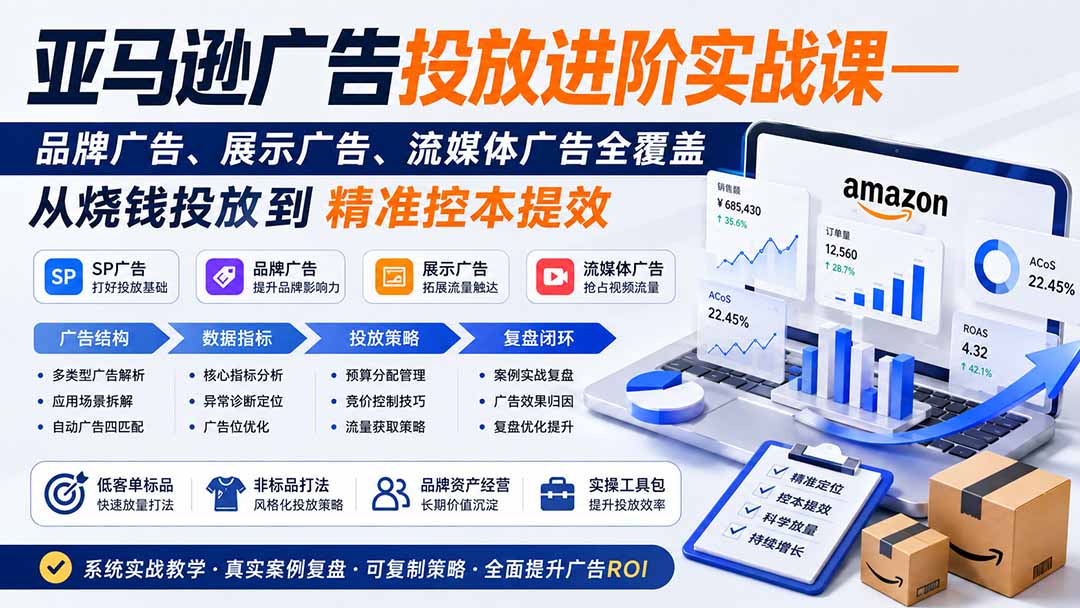 亚马逊广告投放进阶实战课——品牌广告、展示广告、流媒体广告全覆盖,从烧钱投放到精准控本提效-摇钱树